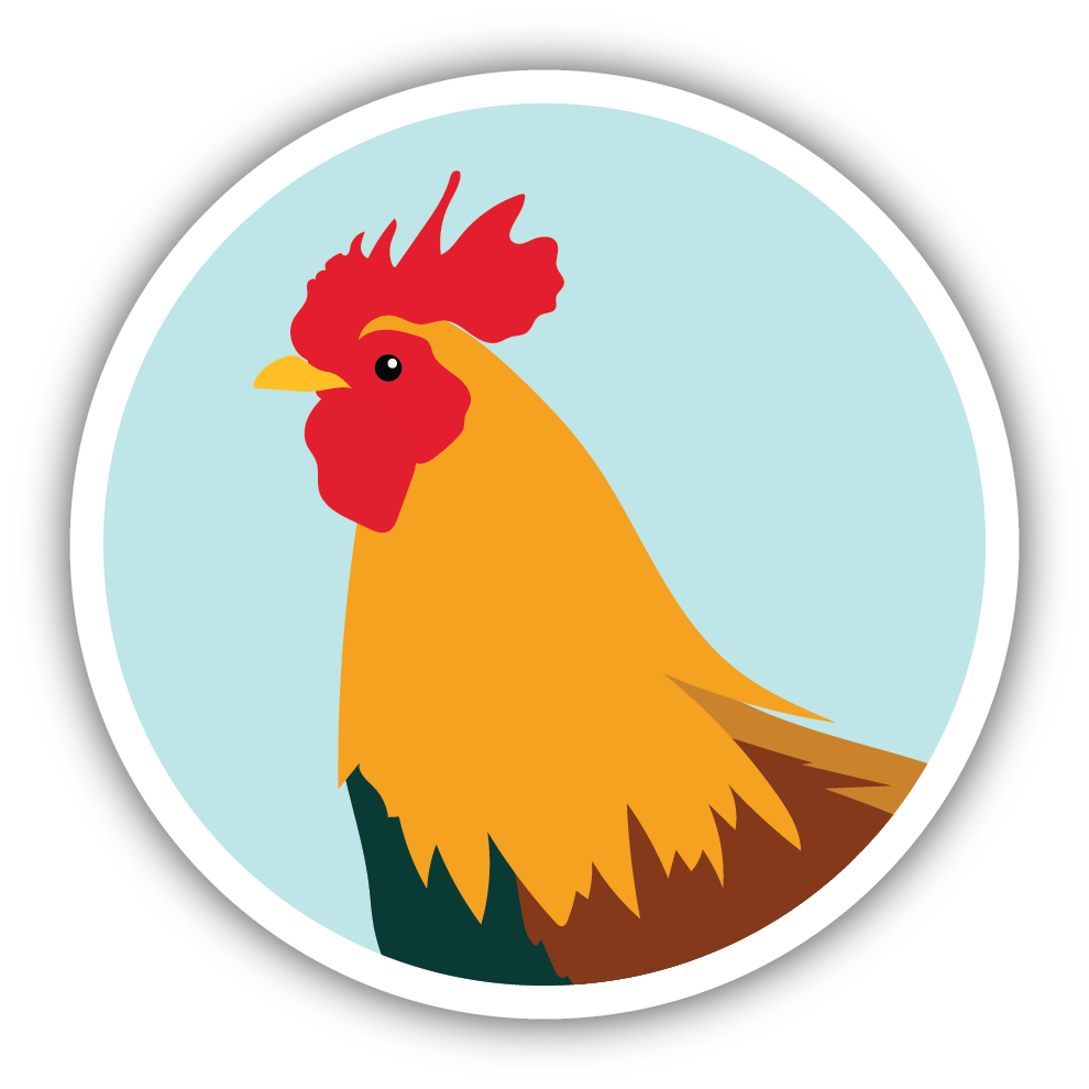 Round sticker featuring a colorful rooster illustration with red comb and yellow beak against light blue background