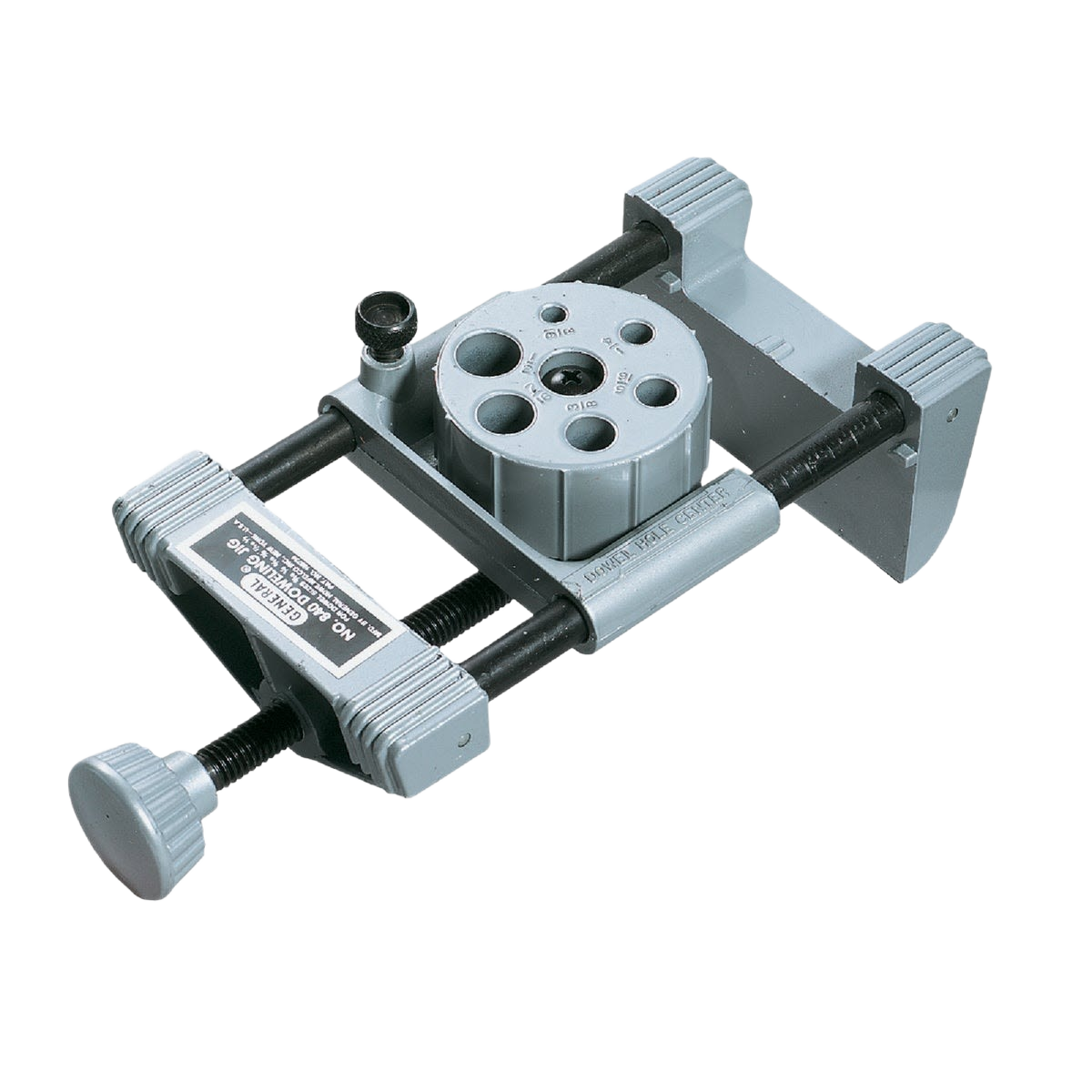 Gray and black doweling jig with adjustable clamps for precise wood hole alignment in woodworking tool accessories under $50