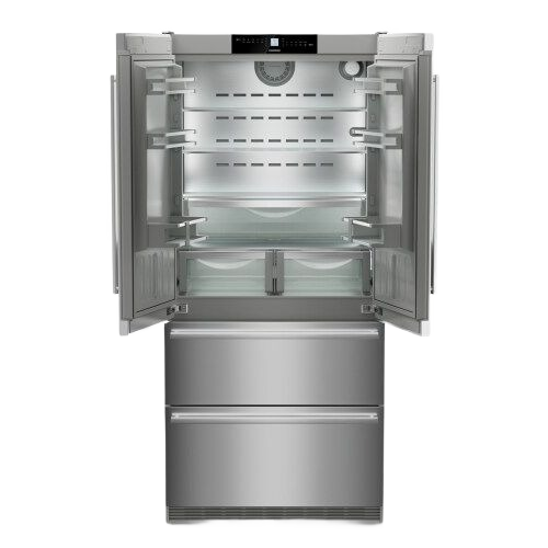 Open stainless steel freestanding French door refrigerator with dual freezer drawers in Refrigerators and Appliances collections