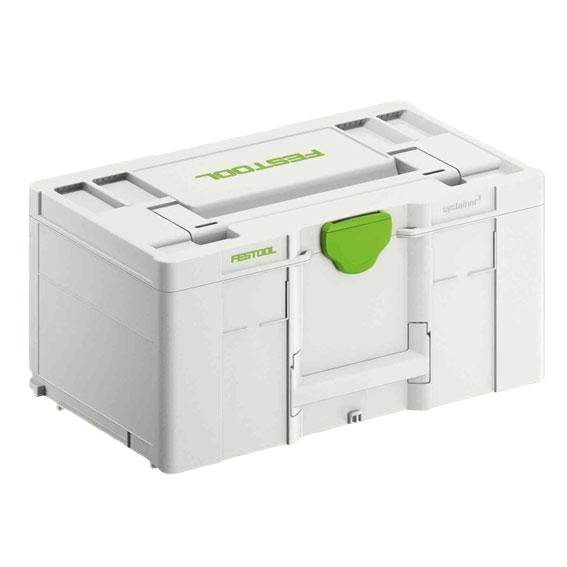 Compact white and green Systainer storage box for workshop organization and tool storage accessories