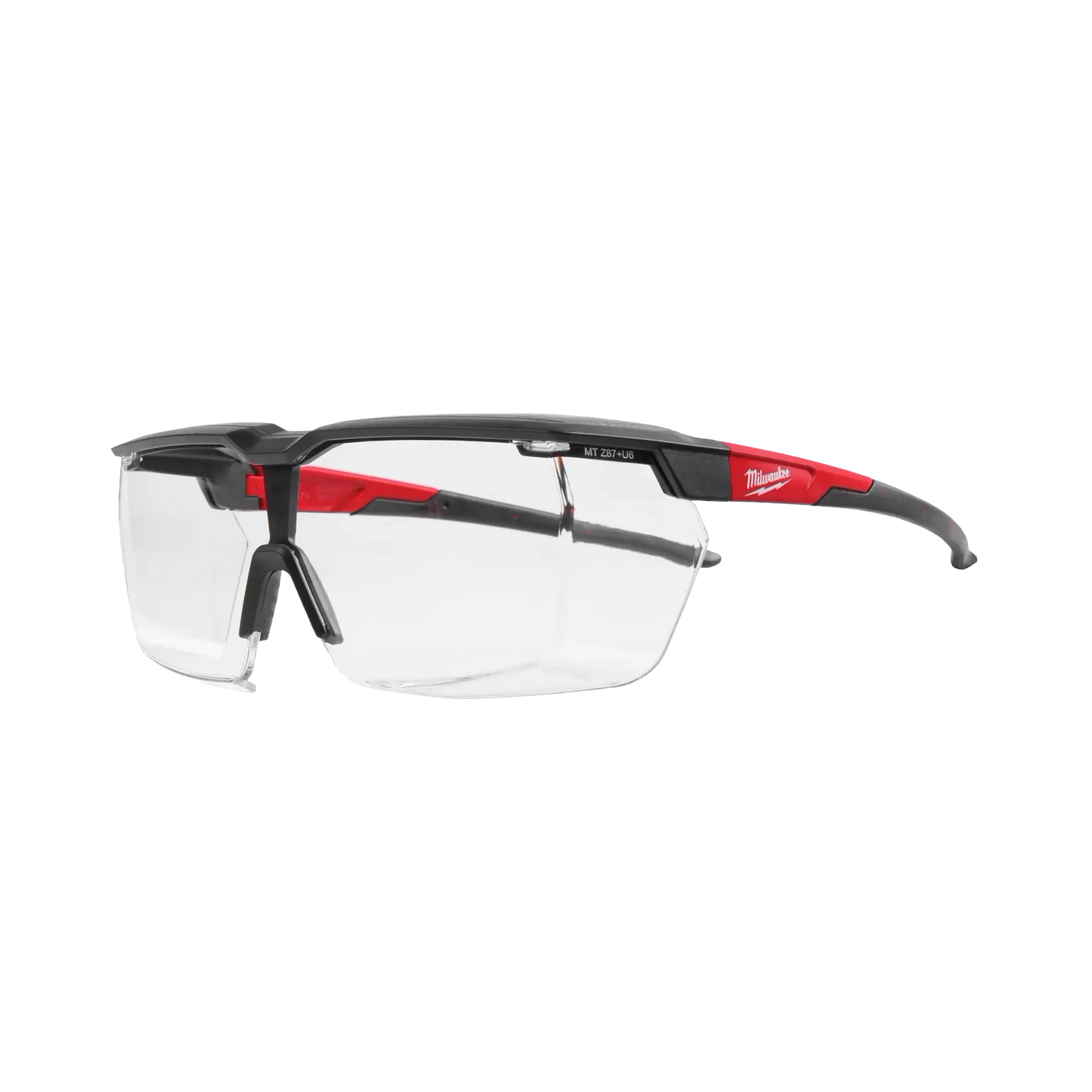 Clear dual coat safety glasses with wraparound design and black and red frame for protective eyewear and safety gear collections