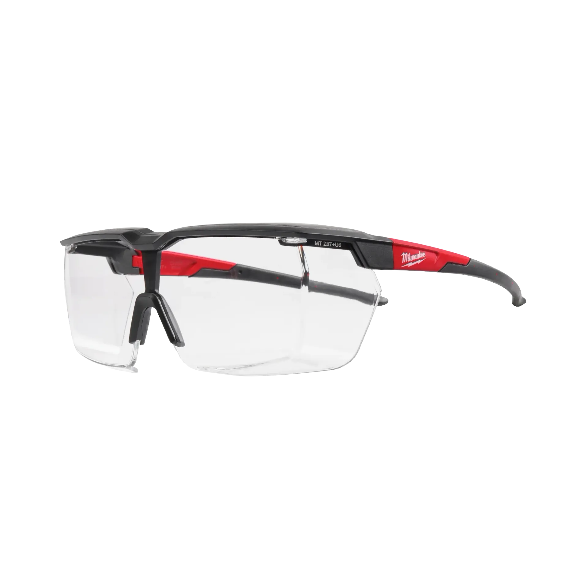 Clear dual coat safety glasses with wraparound design and black and red frame for protective eyewear and safety gear collections