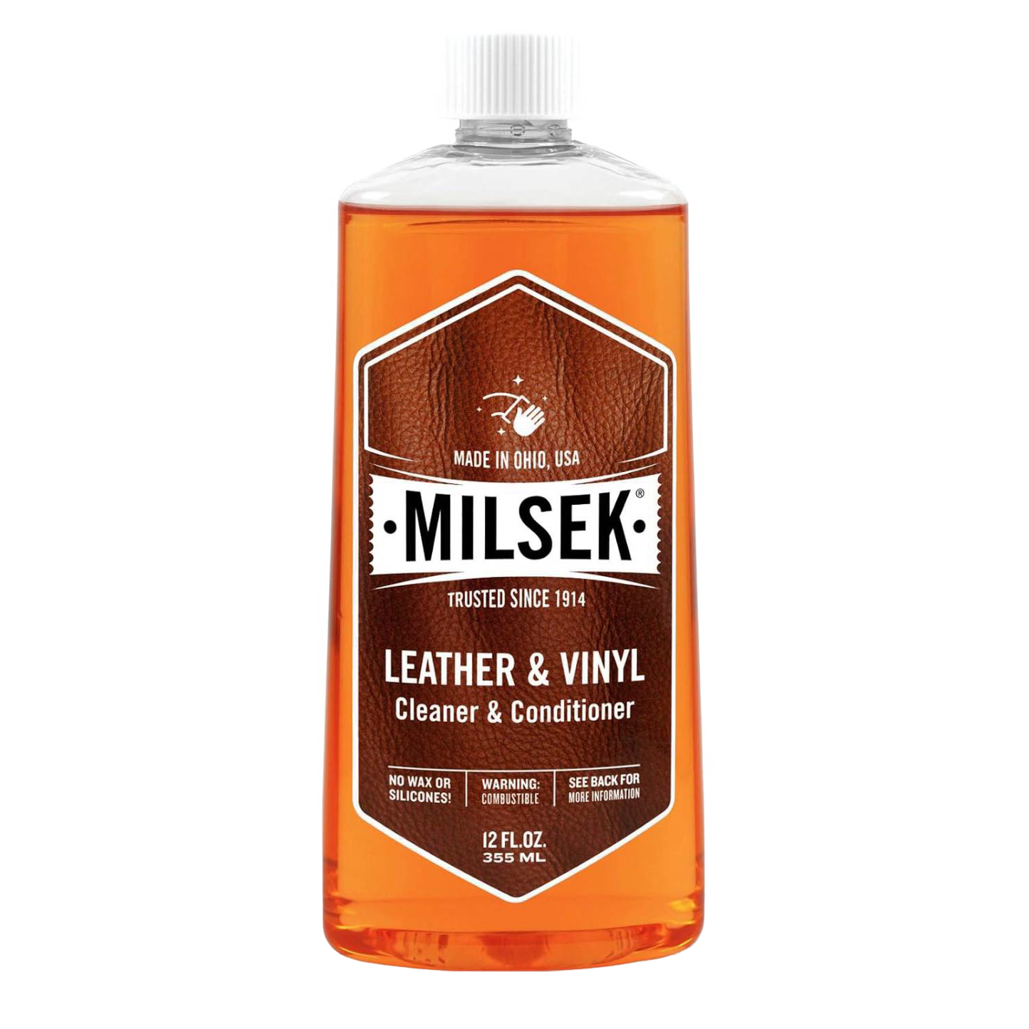 Clear amber liquid in a 12 oz. plastic bottle of leather and vinyl cleaner and conditioner for cleaning supplies.