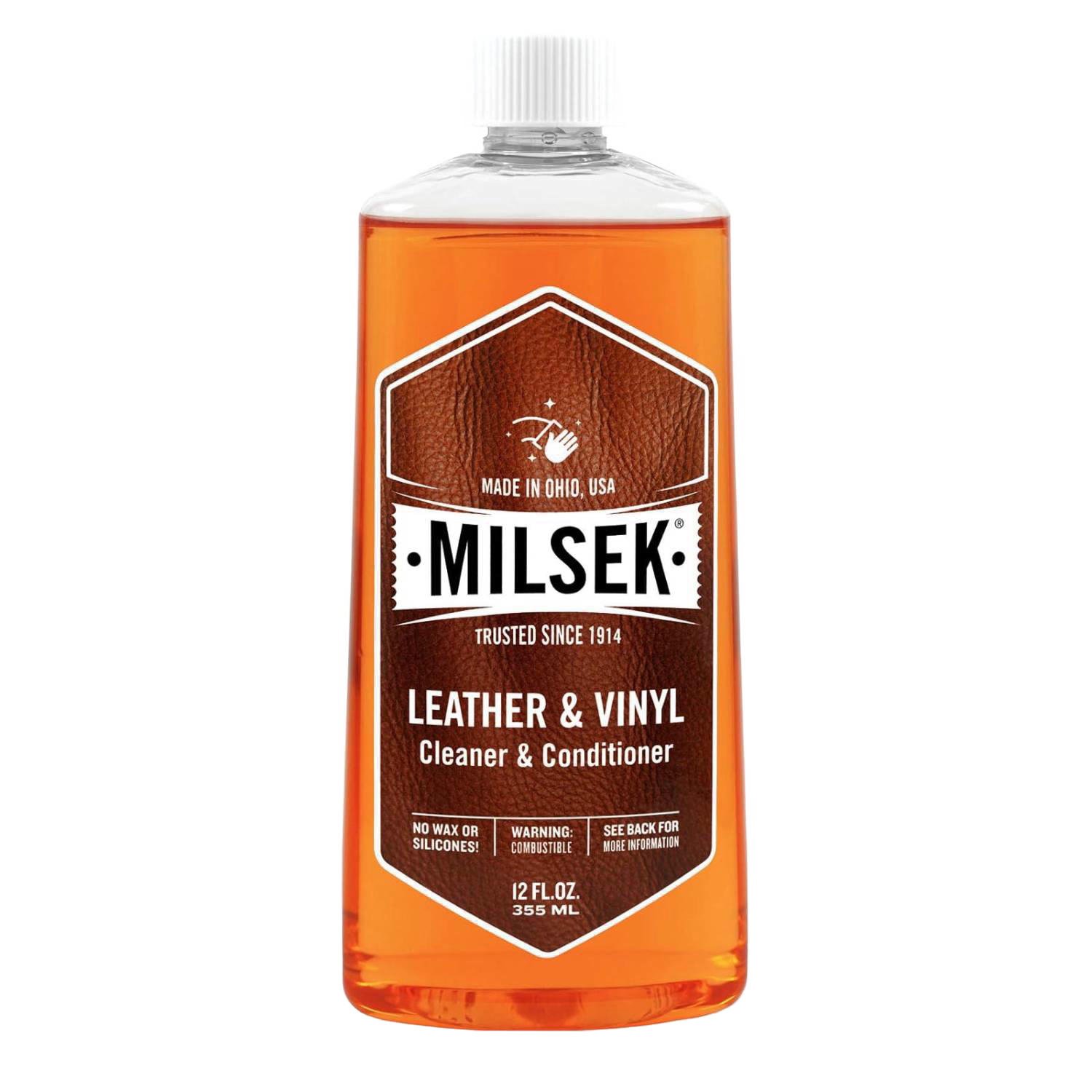 Clear amber liquid in a 12 oz. plastic bottle of leather and vinyl cleaner and conditioner for cleaning supplies.