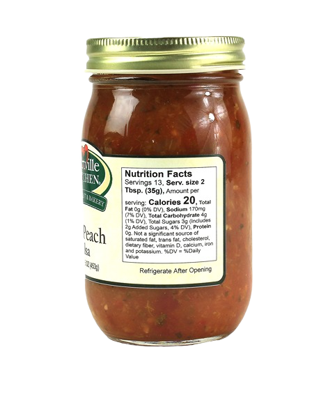 Jar of Hartville Kitchen peach salsa with a gold metal lid from salsas and food & beverage collections under $25