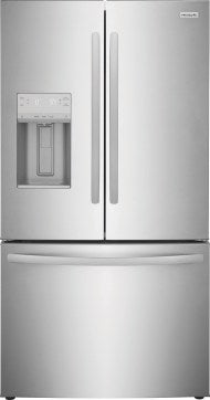 French door counter-depth refrigerator with stainless steel finish, water dispenser, and freezer drawer in Appliances collection