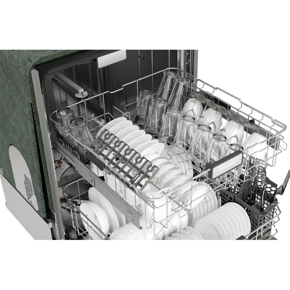 Open stainless steel dishwasher filled with white dishes and clear glassware in a kitchenware appliance setting