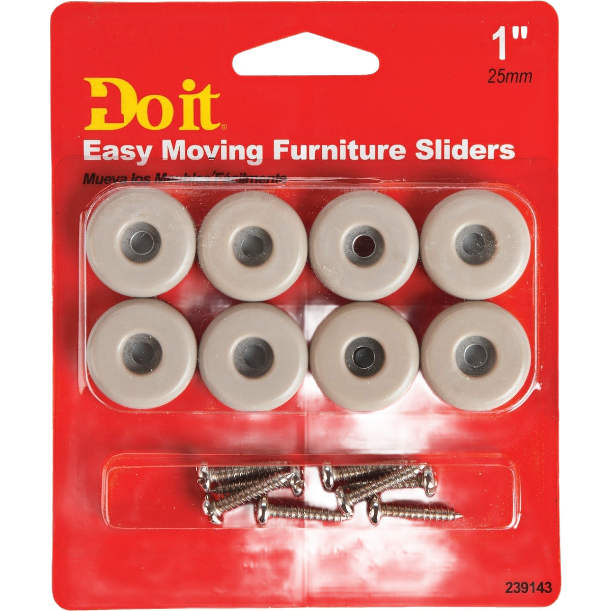 Pack of beige plastic furniture sliders with included silver screws for easy moving in home improvement projects