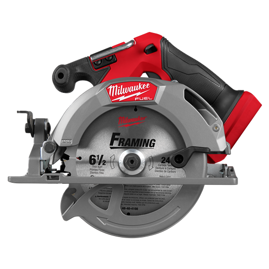Cordless red and black circular saw with metal blade guard for framing and home improvement tasks