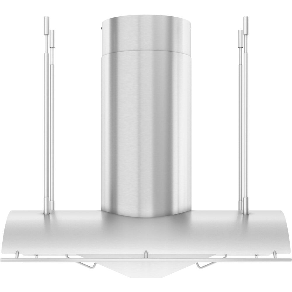 Sleek stainless steel island range hood with a suspended design and integrated LED lighting from Range Hoods collection