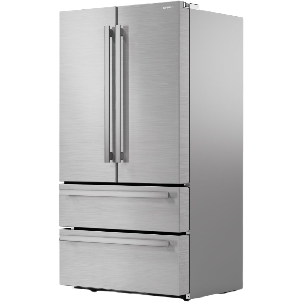 Brushed stainless steel French door refrigerator with two lower freezer drawers in appliances collection