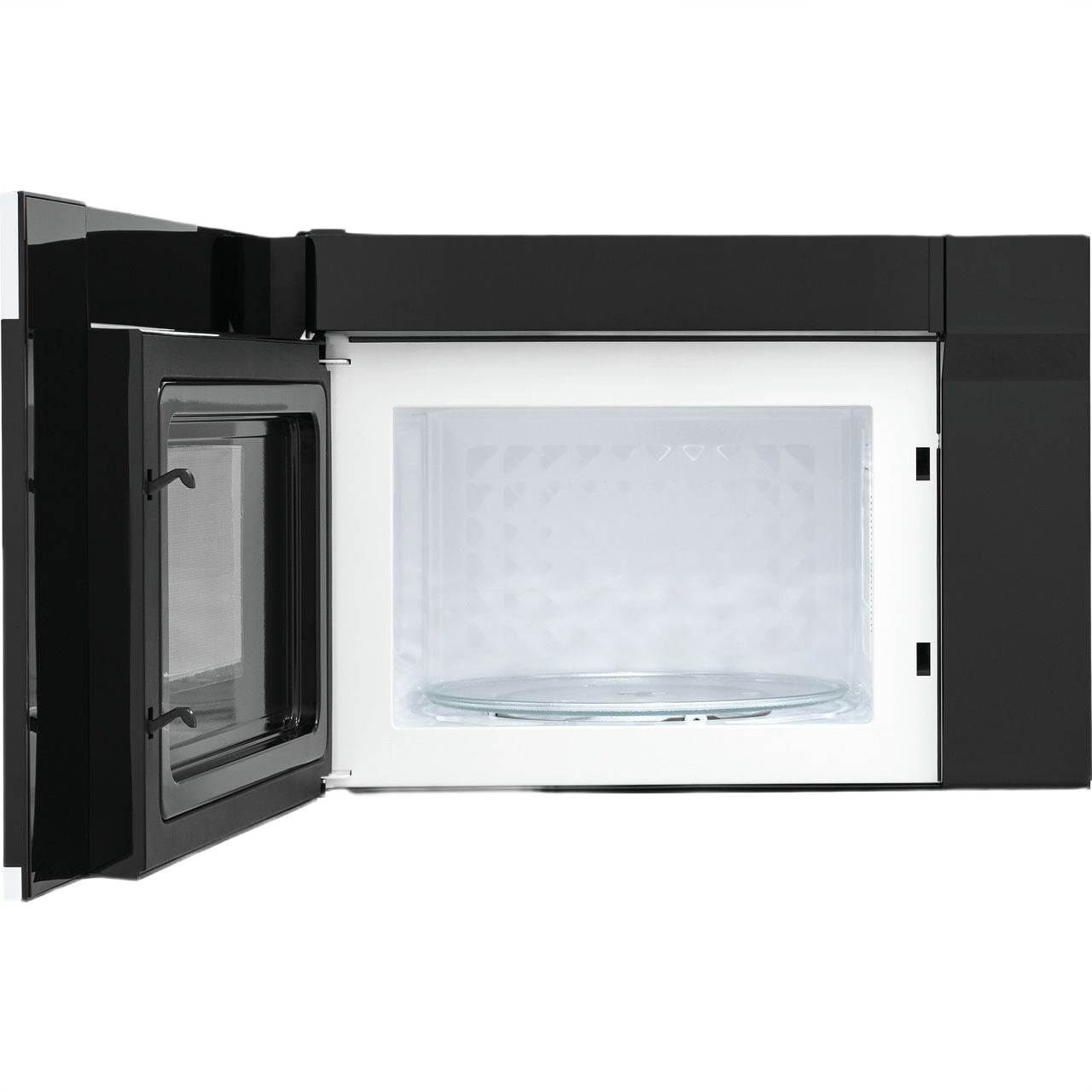 Black over-the-range microwave with open door, clear turntable, and white interior light from Over the Range Microwaves collection