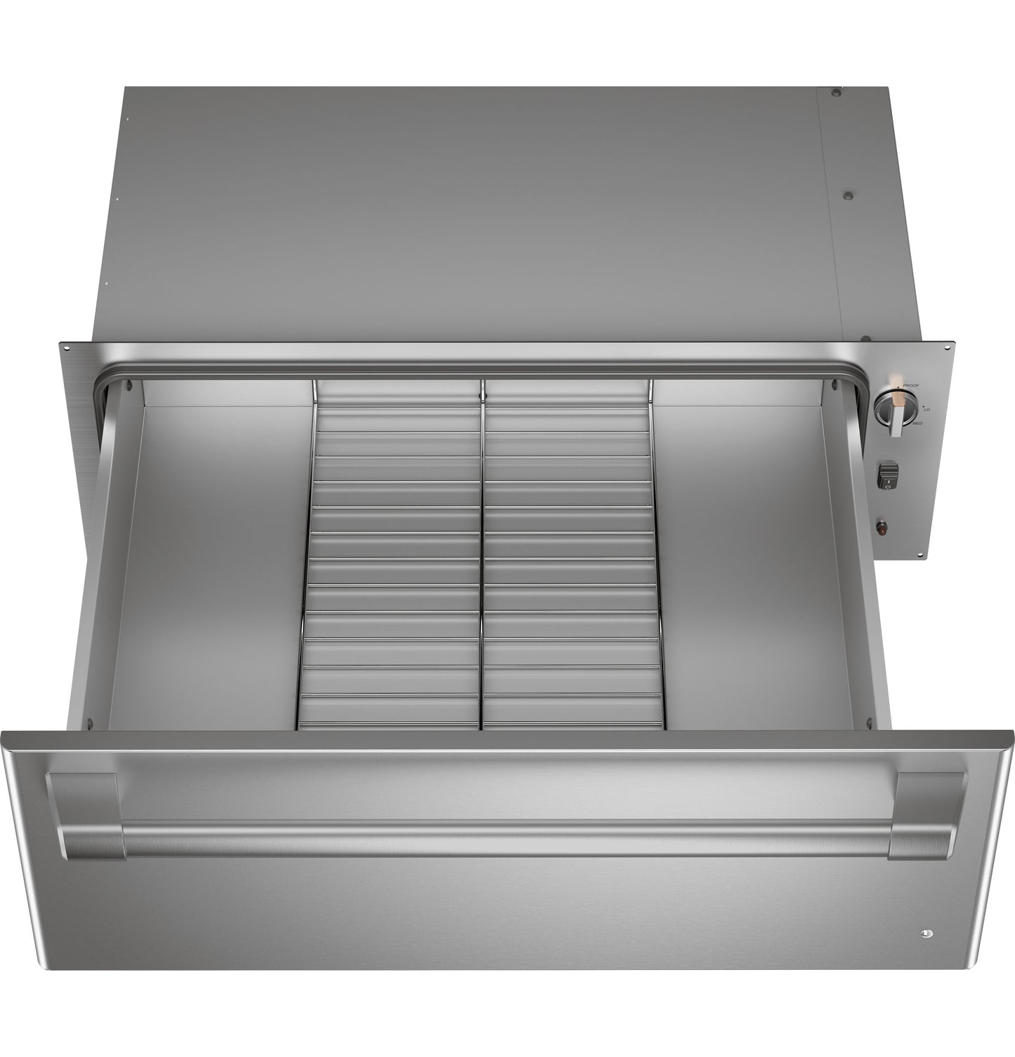 Stainless steel warming drawer with adjustable rack and control knob for kitchen and wall oven appliances collections
