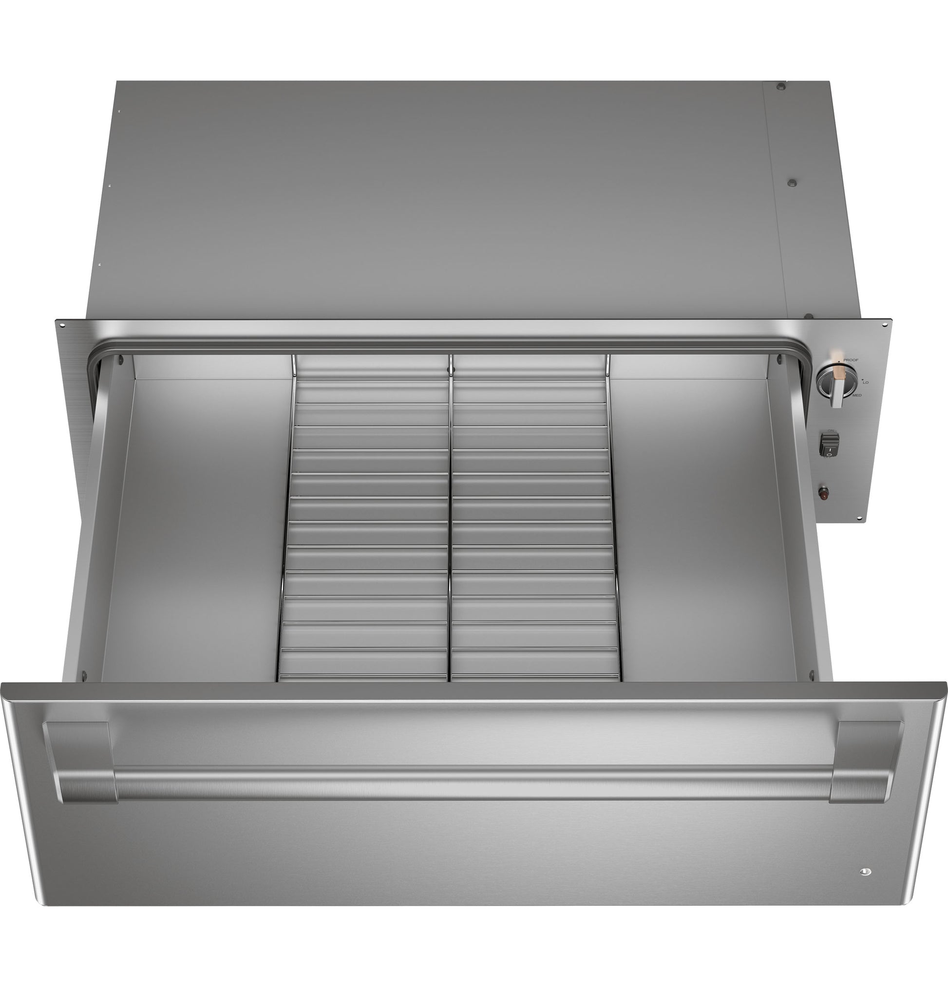Stainless steel warming drawer with adjustable rack and control knob for kitchen and wall oven appliances collections