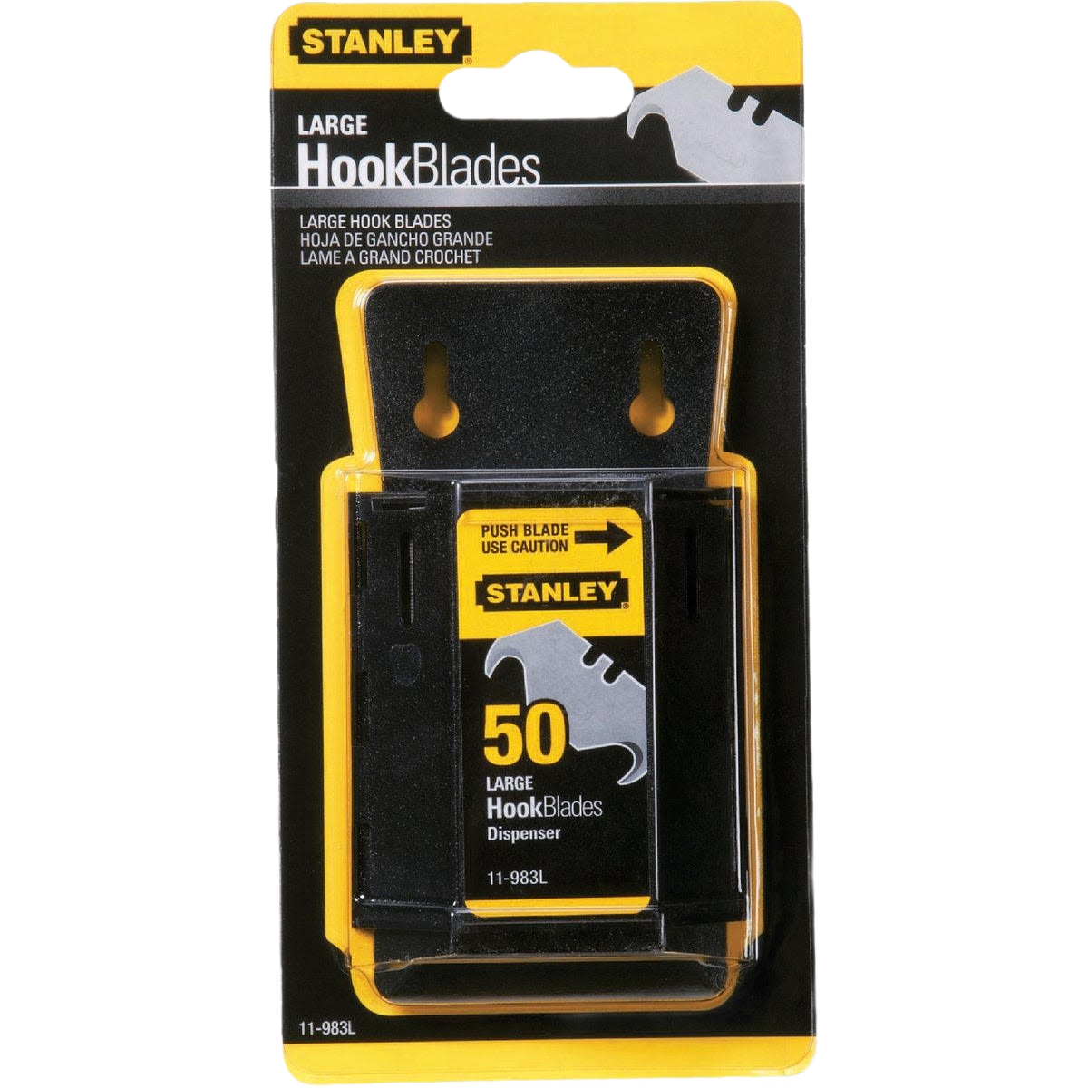 Pack of 50 large hook utility blades in dispenser, designed for cutting thicker materials in woodworking and home improvement tasks.