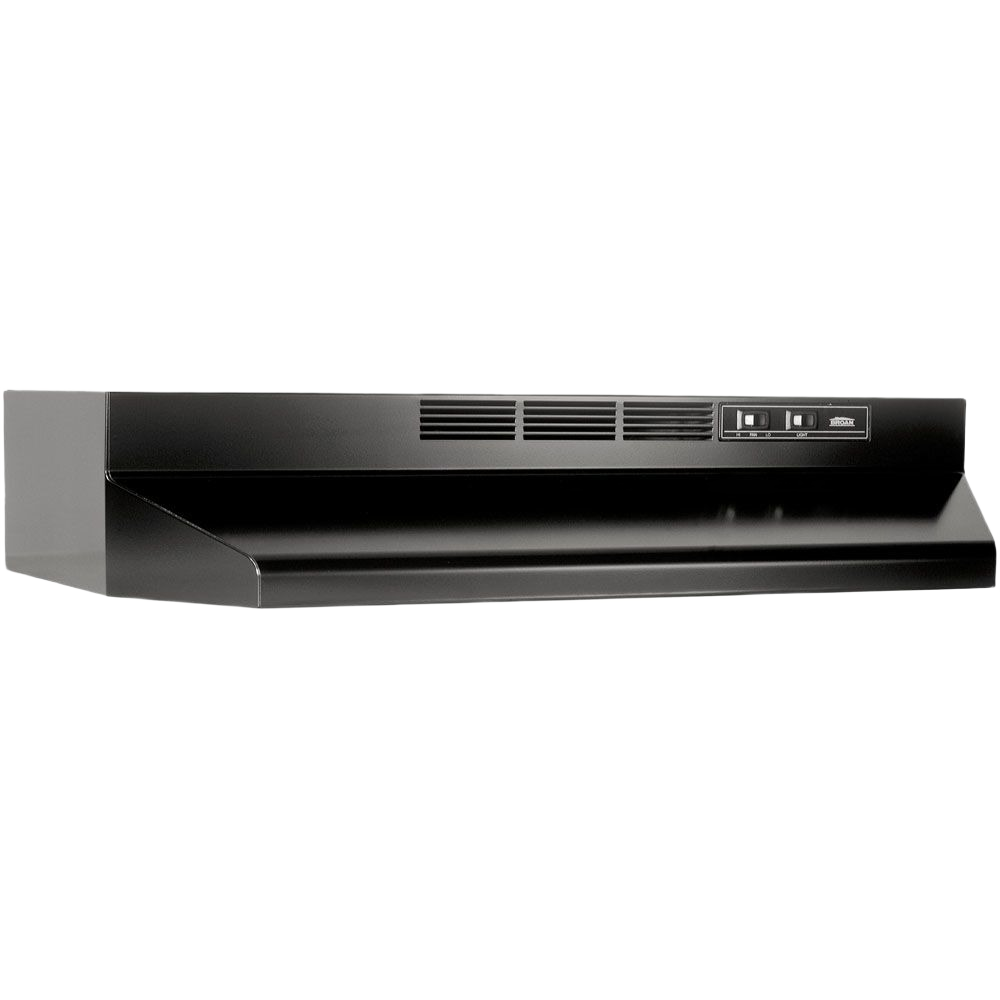 Black under-cabinet range hood with 2-speed rocker switches and built-in light in kitchen and range hoods collections