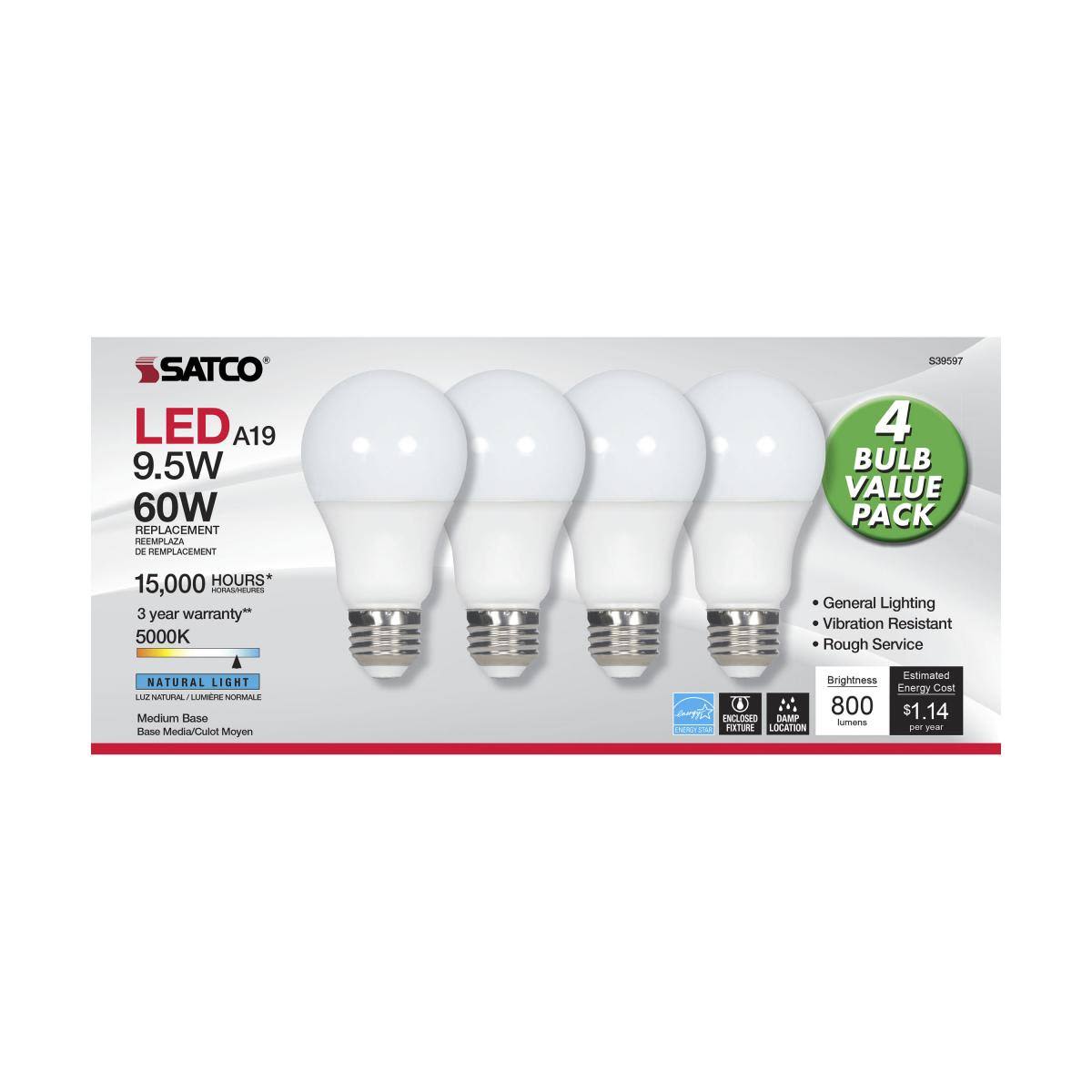 Four-pack of frosted A19 LED bulbs with natural light, ideal for general lighting in home improvement projects under $50 collections