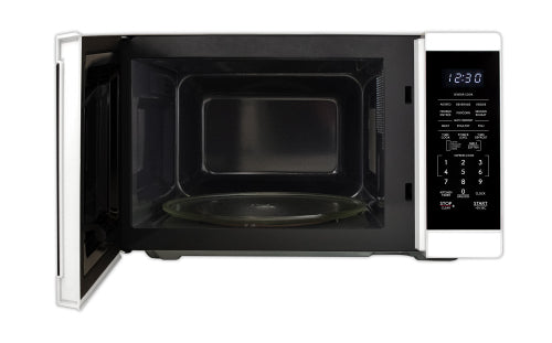 White countertop microwave oven with digital control panel and open door from microwaves and kitchen appliances collection