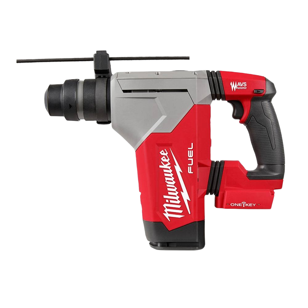 Cordless SDS Plus rotary hammer drill in red and gray with ergonomic grip and adjustable depth rod for home improvement tasks