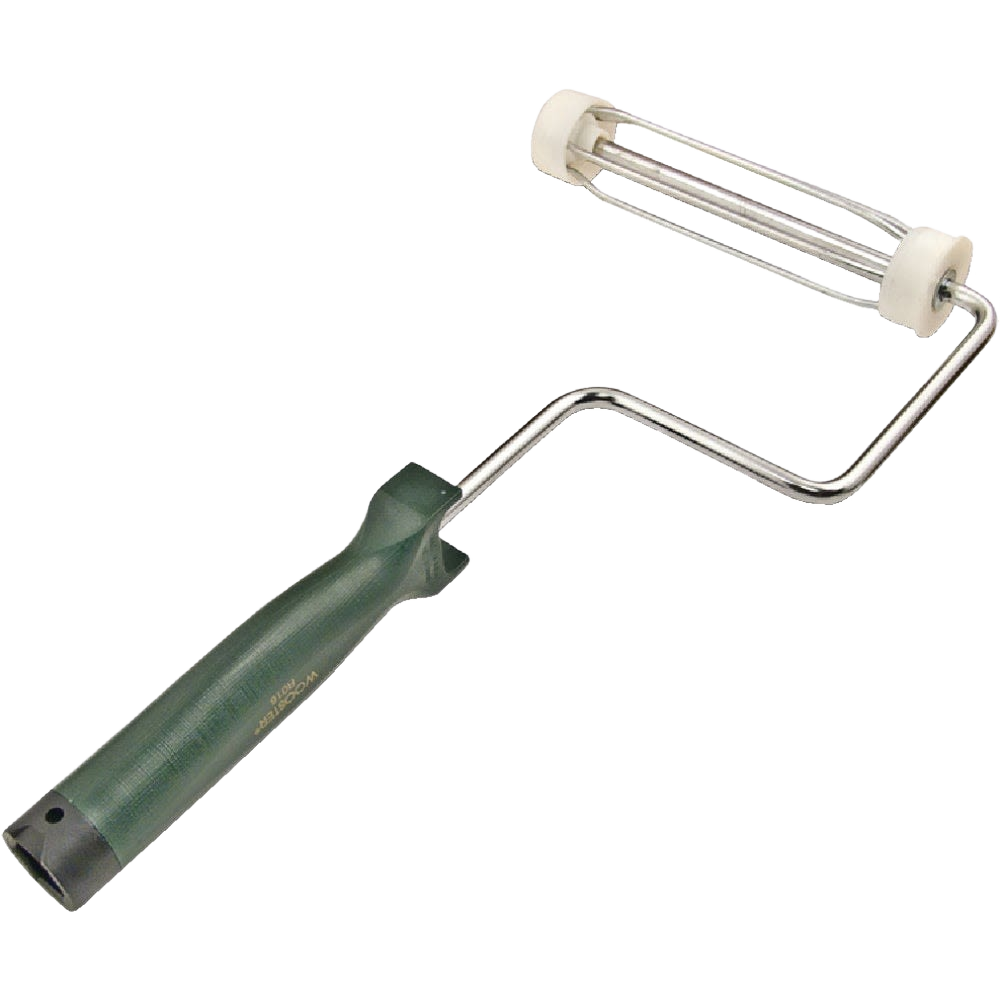 Green handle roller frame with chrome-plated angled shank and nylon-capped wire cage for paint supplies under $50 collection