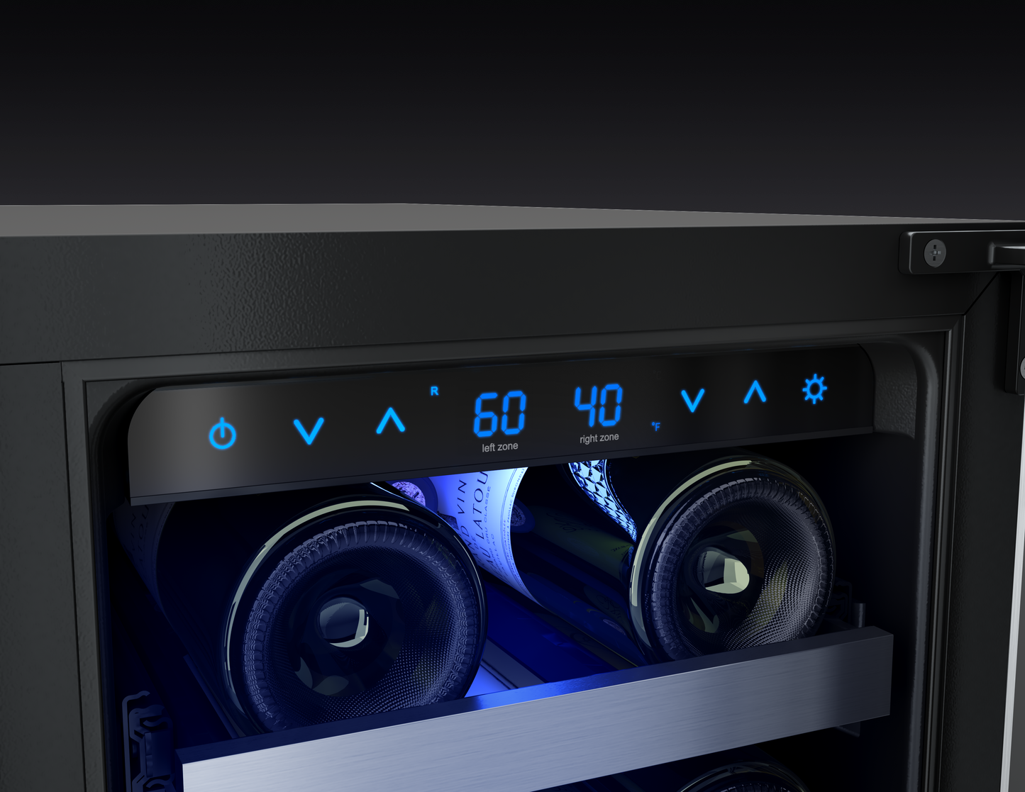 Close-up of dual zone wine cooler digital control panel showing temperature settings in beverage center collection