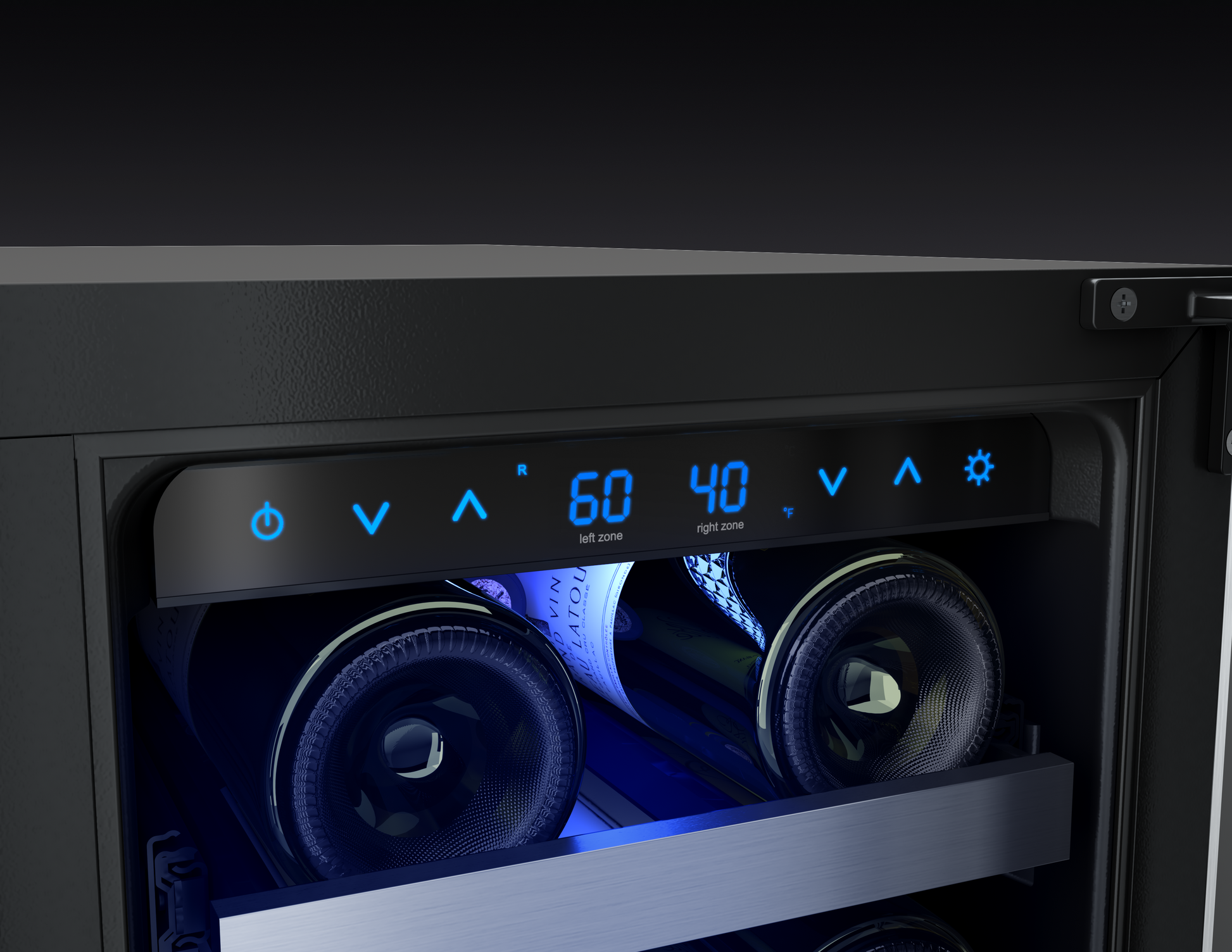 Close-up of dual zone wine cooler digital control panel showing temperature settings in beverage center collection