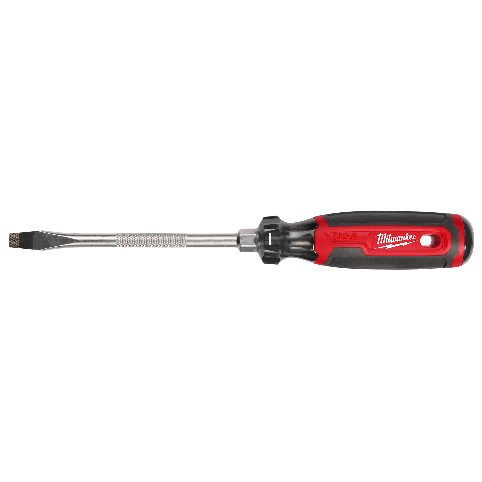 Red and black cushion grip screwdriver with 6-inch shank and slotted tip for tools and home improvement tasks