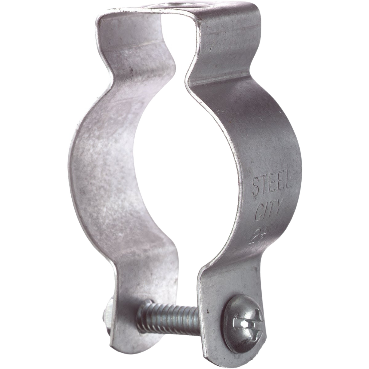 Steel conduit hanger with screw fastener for securing electrical conduit in tools and home improvement projects