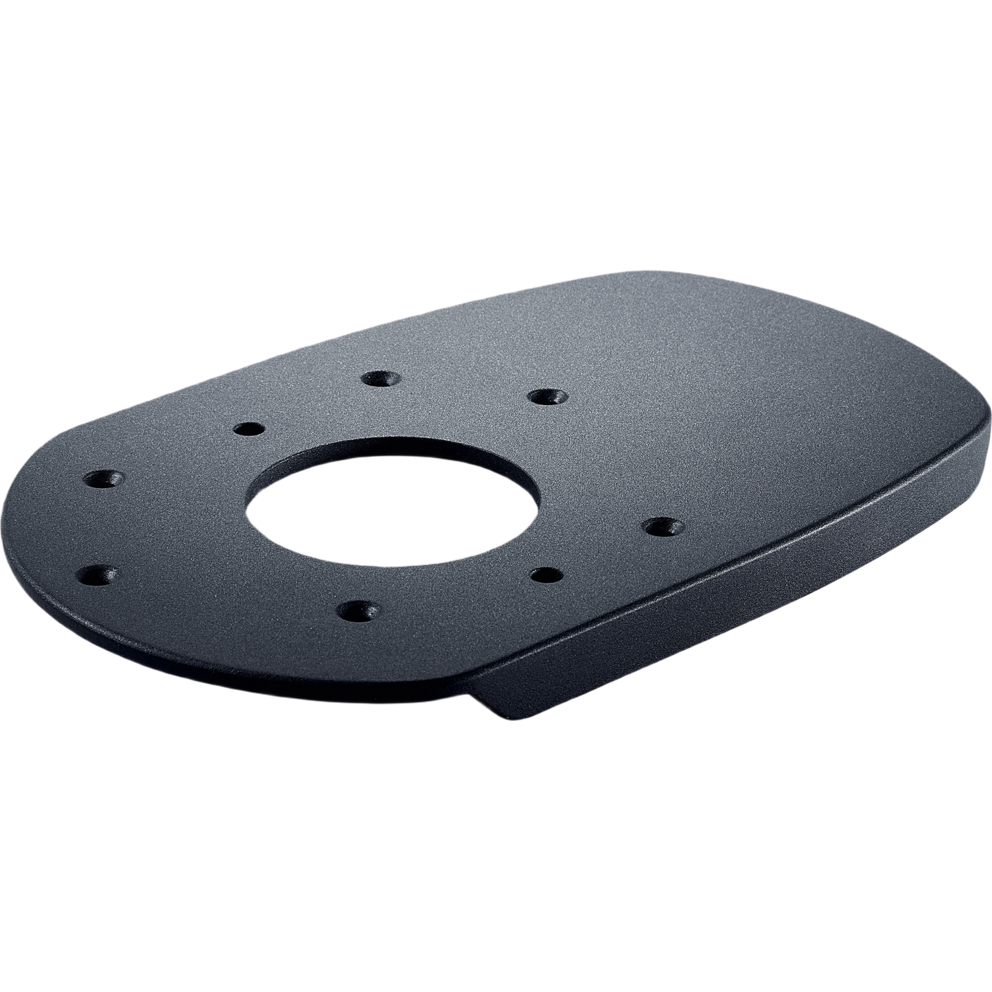 Black metal table widener plate with multiple mounting holes for woodworking tool accessories and home improvement projects