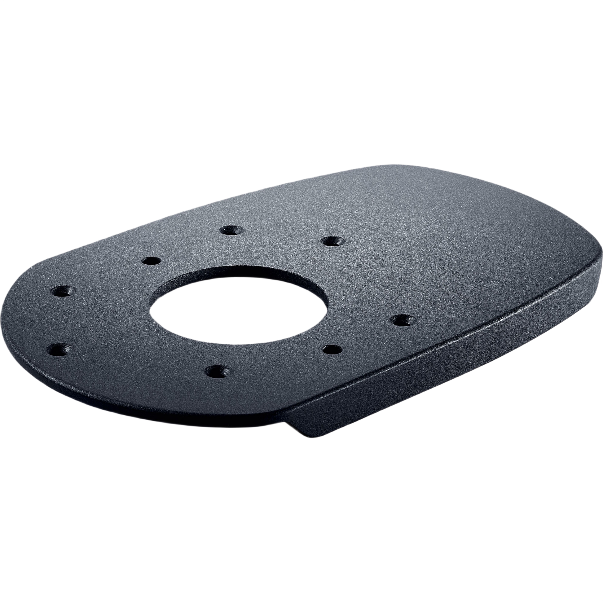 Black metal table widener plate with multiple mounting holes for woodworking tool accessories and home improvement projects