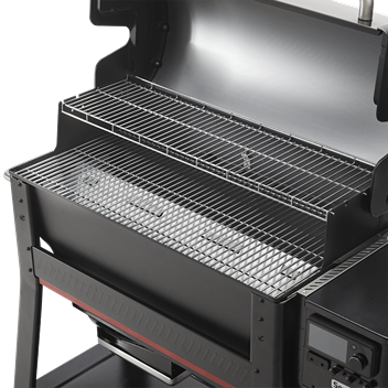 Large black pellet grill with dual-level cooking grates, digital control panel, and sturdy legs, ideal for outdoor cooking and grilling enthusiasts.