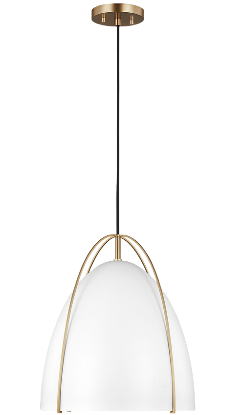 Satin brass pendant light with matte white dome shade and curved metal accents for bathroom and home lighting decor
