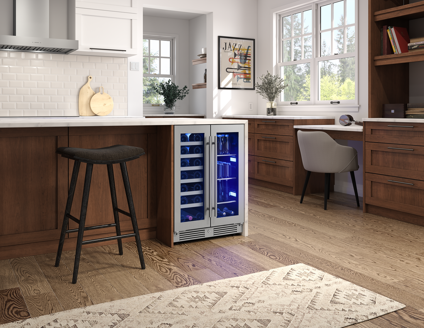 Dual zone French door beverage center with stainless steel frame and blue interior lighting in modern kitchen setting