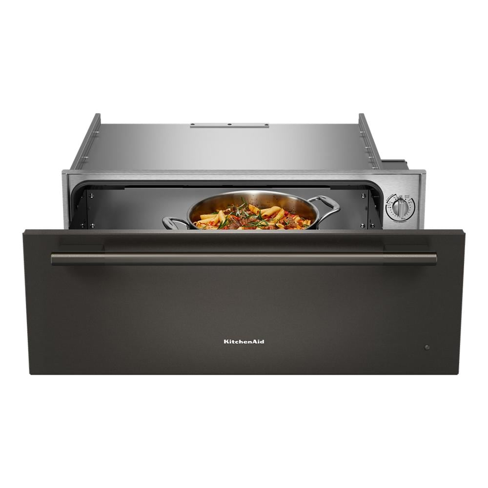 Open stainless steel warming drawer with slow cook function holding a pot of braised vegetables in kitchen appliances category