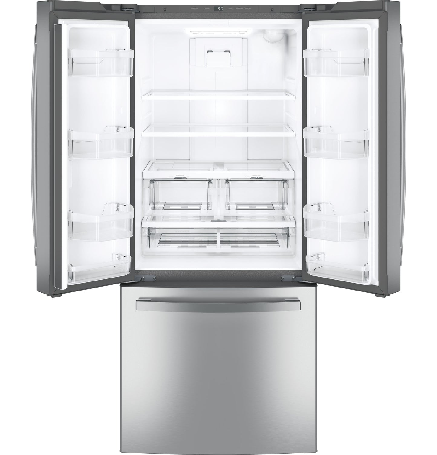 Open stainless steel French-door refrigerator with spacious adjustable shelves and crispers in kitchen appliances collection