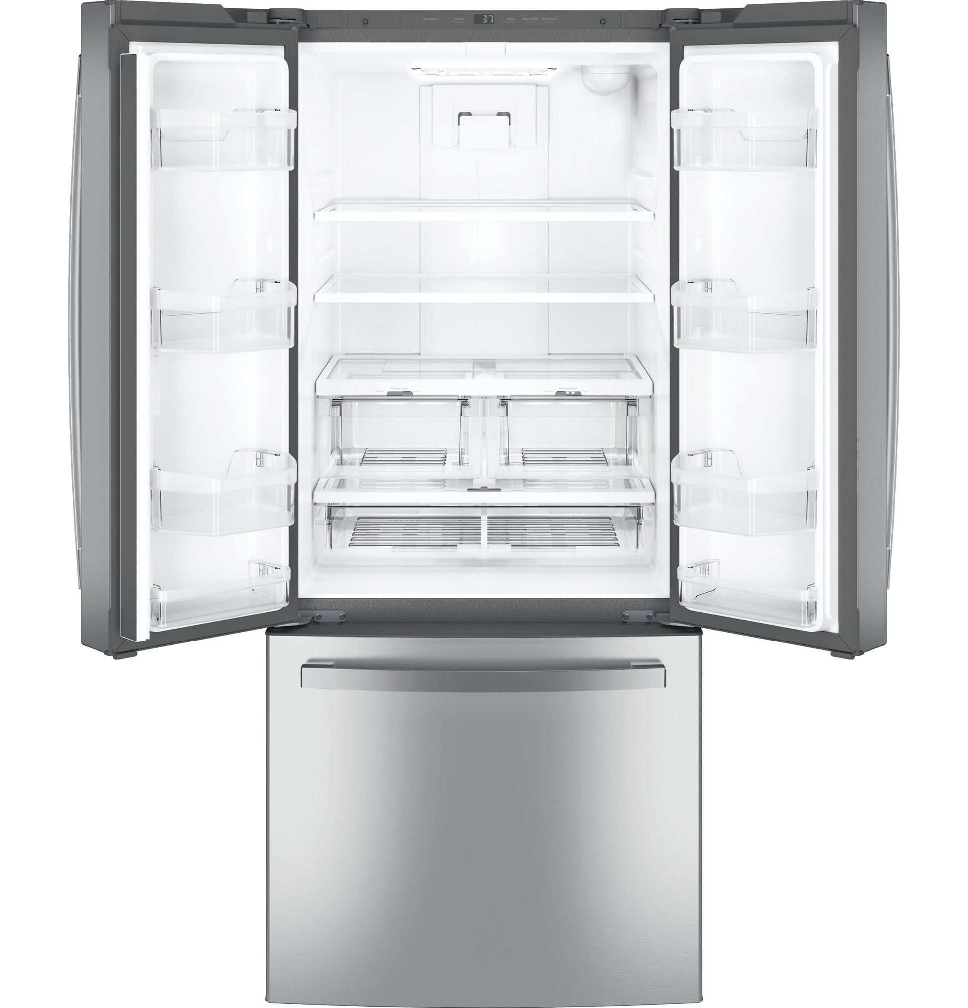 Open stainless steel French-door refrigerator with spacious adjustable shelves and crispers in kitchen appliances collection