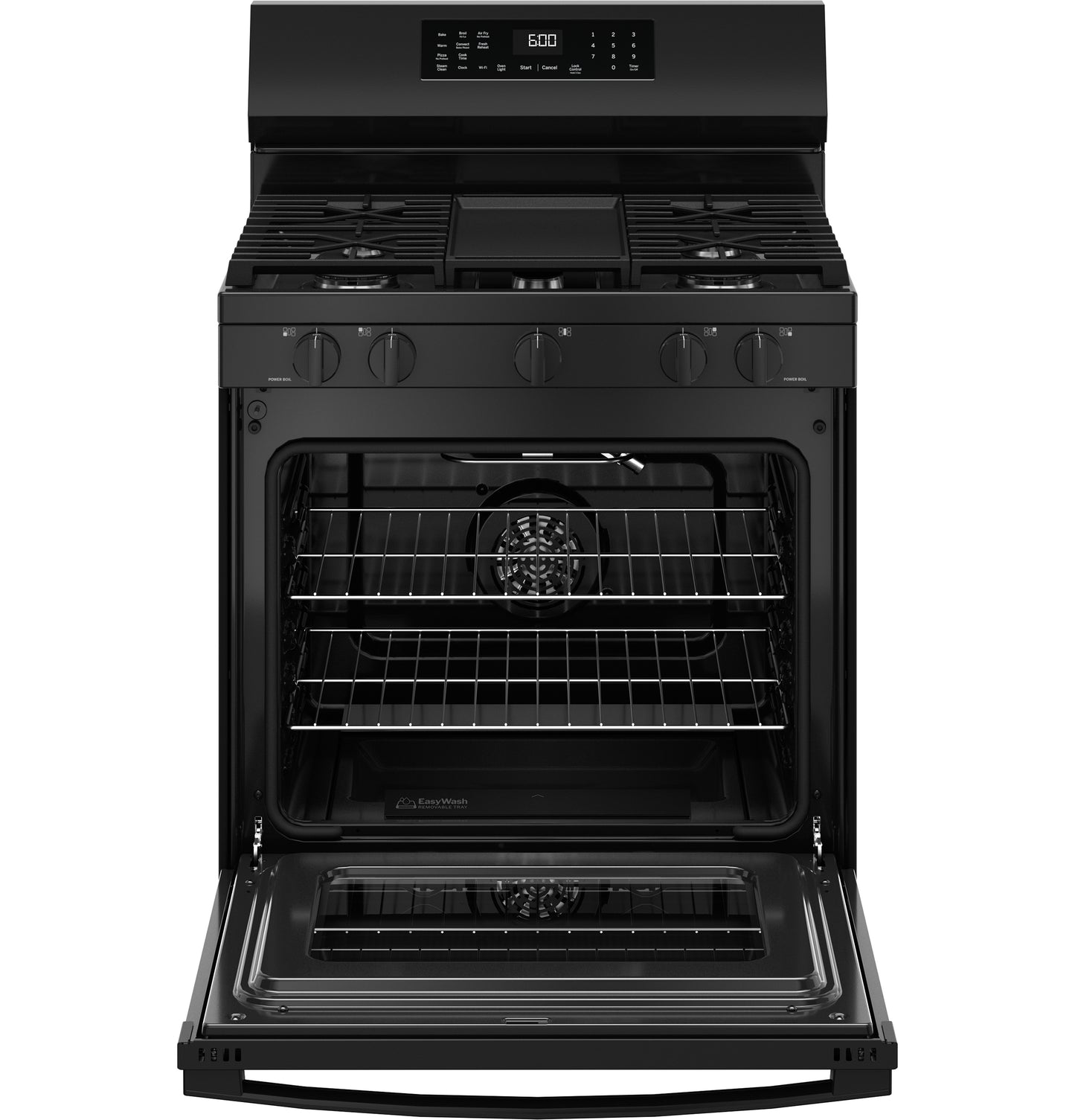 Black 30-inch free-standing gas convection range with five burners, air fry feature, digital controls, and open oven door from Ranges collection