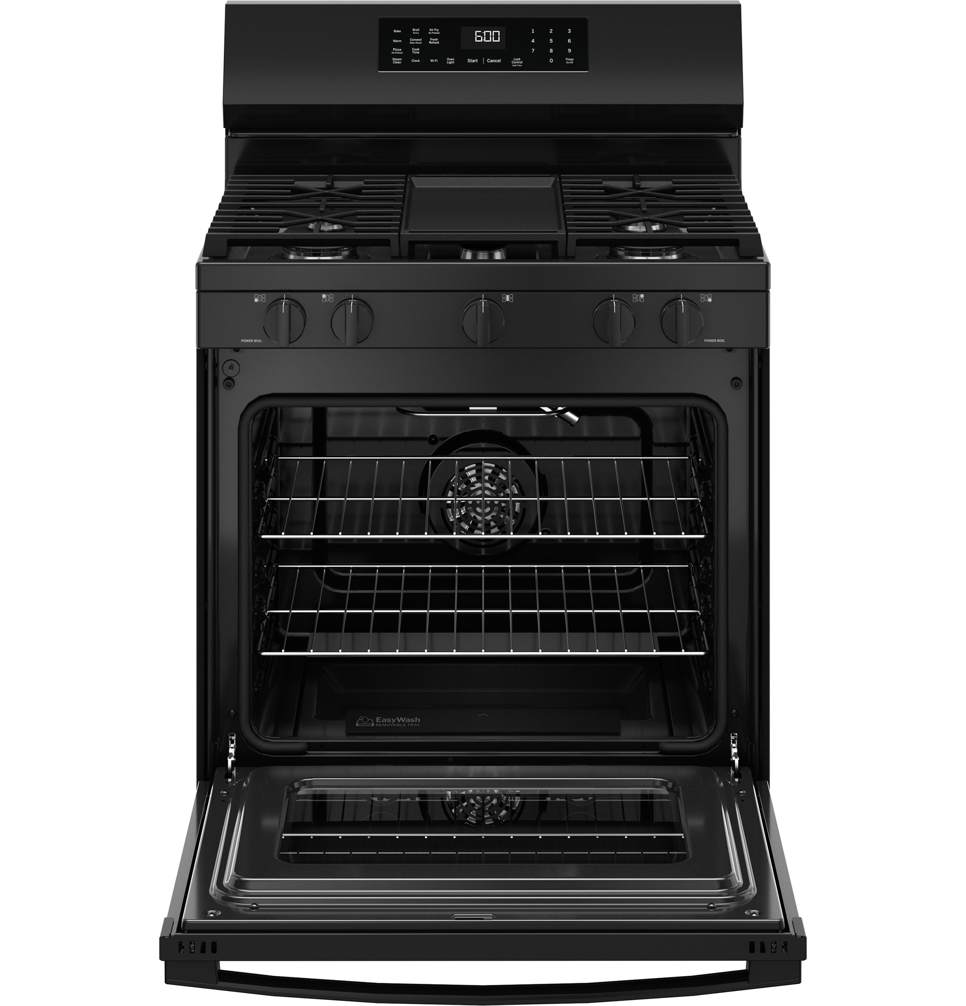 Black 30-inch free-standing gas convection range with five burners, air fry feature, digital controls, and open oven door from Ranges collection
