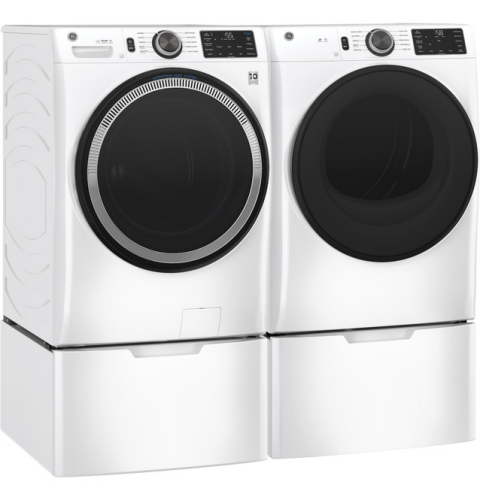 Pair of front-loading white washers and dryers with digital controls for modern home appliances and washers & dryers collections