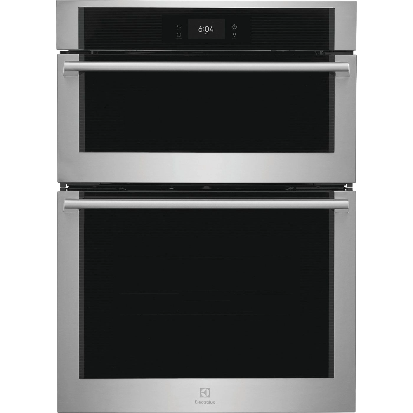 Front view of stainless steel double wall oven and microwave combo with digital display in kitchen appliance setting