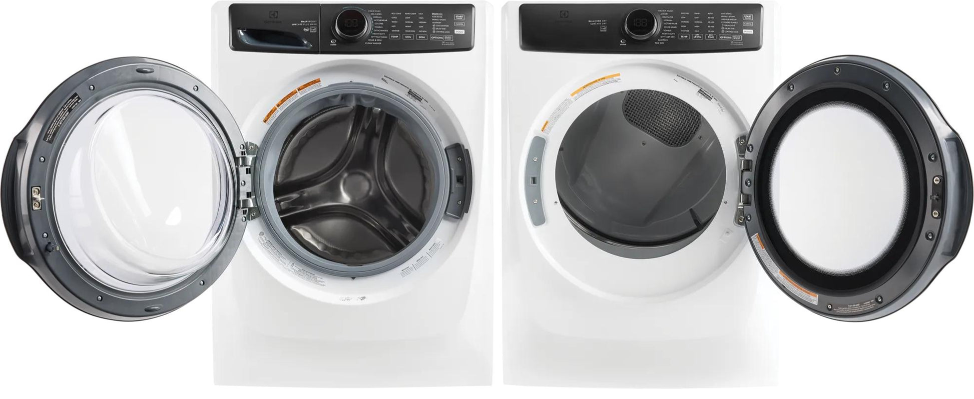 White front load washer and dryer pair with open doors and digital control panels in washers and appliances collections