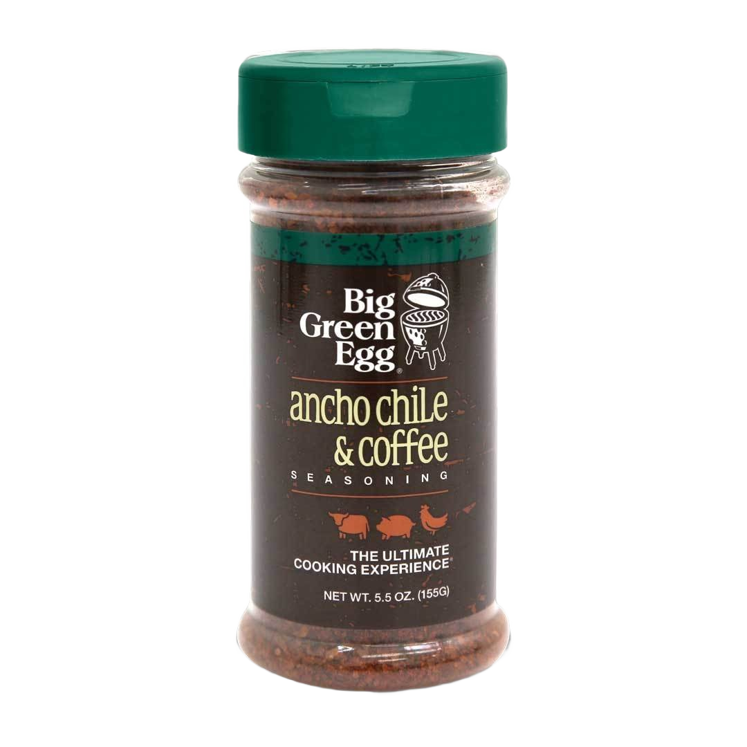 Container of Big Green Egg ancho chili and coffee seasoning for grilling and outdoor cooking under $50