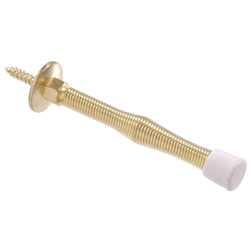 Brass spring door stopper with white rubber tip for protecting walls and doors in home improvement projects