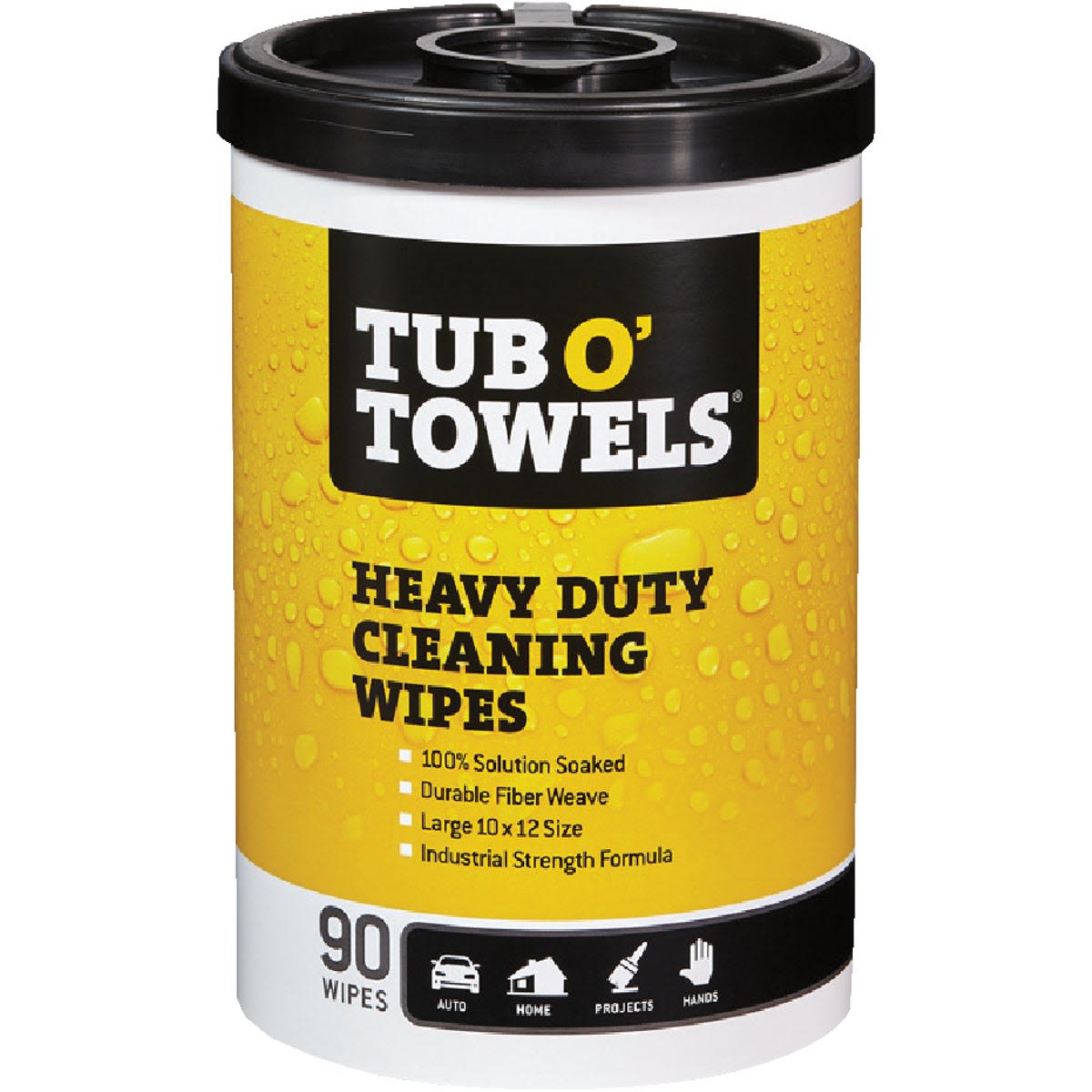 Container of heavy-duty cleaning wipes soaked in solution for tough messes in cleaning supplies and household items collections