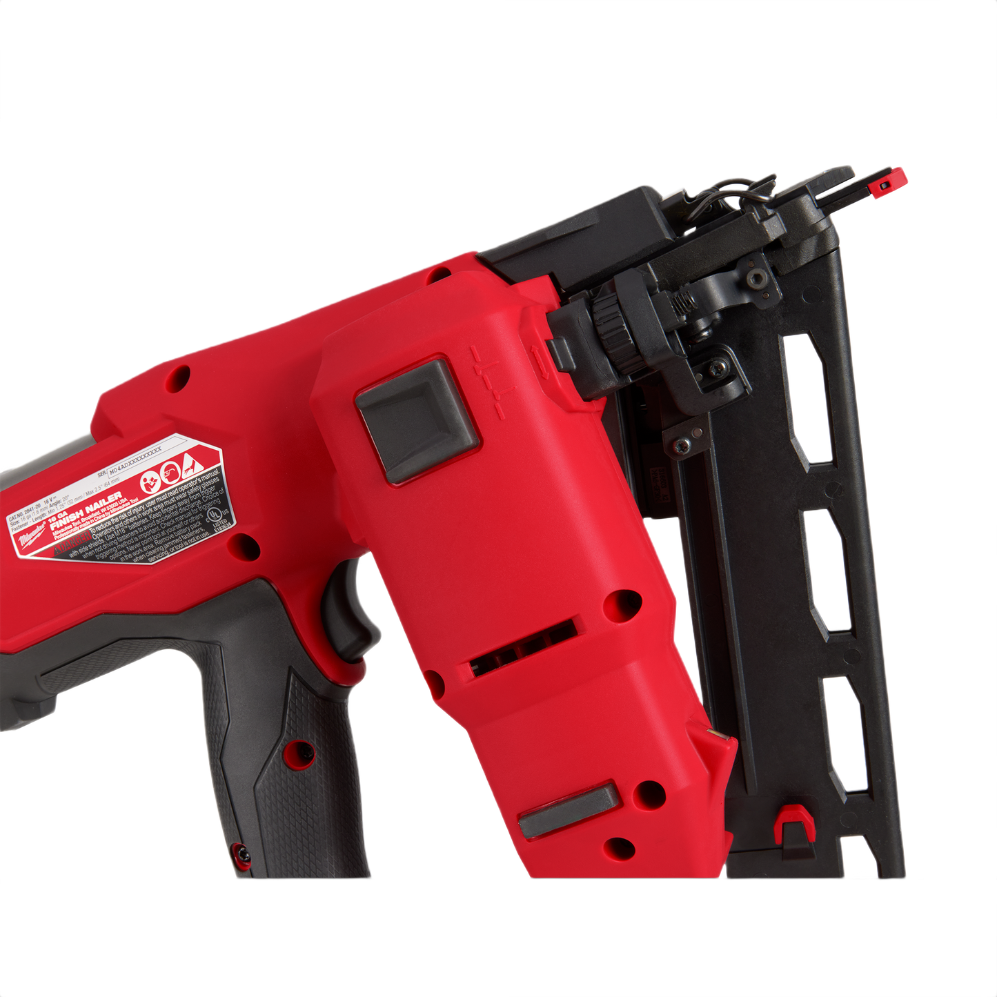 Red and black 16-gauge angled finish nailer designed for precise woodworking in tools and home improvement projects