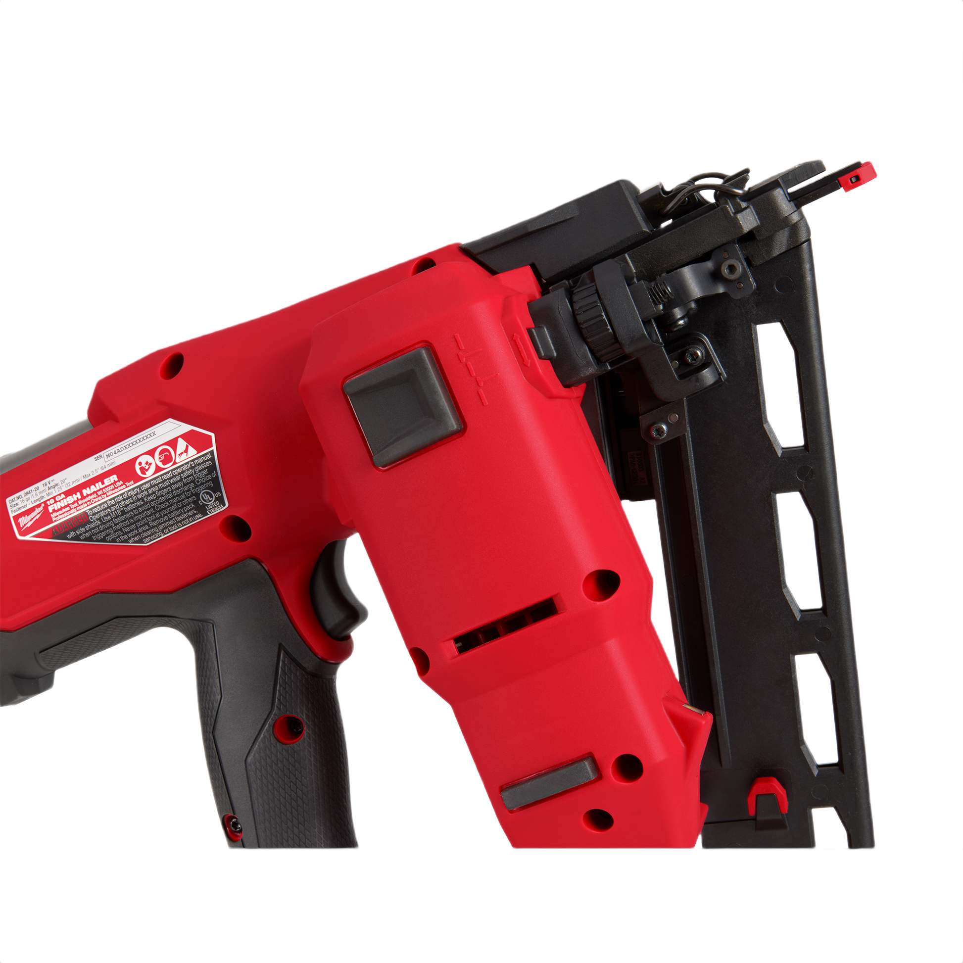 Red and black 16-gauge angled finish nailer designed for precise woodworking in tools and home improvement projects