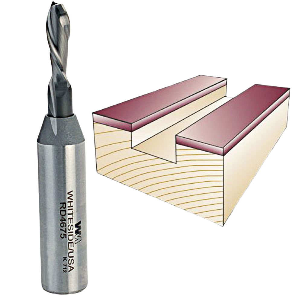 Whiteside spiral downcut router bit with wood cutting diagram for tool accessories and home improvement tasks