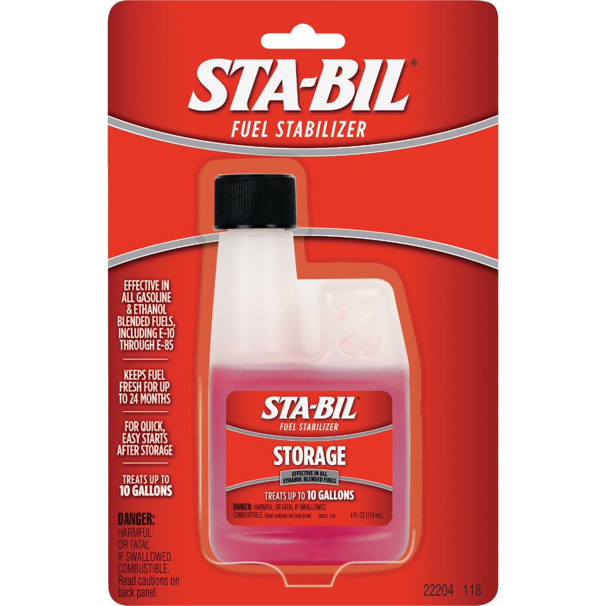 Red STA-BIL fuel stabilizer container with black cap in retail packaging for tools and home improvement use
