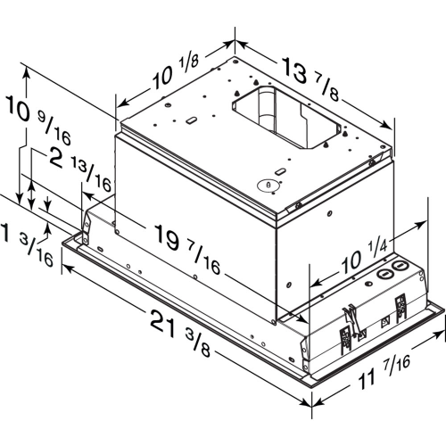 Technical line drawing of a kitchen range hood insert with detailed measurements for installation and home improvement.