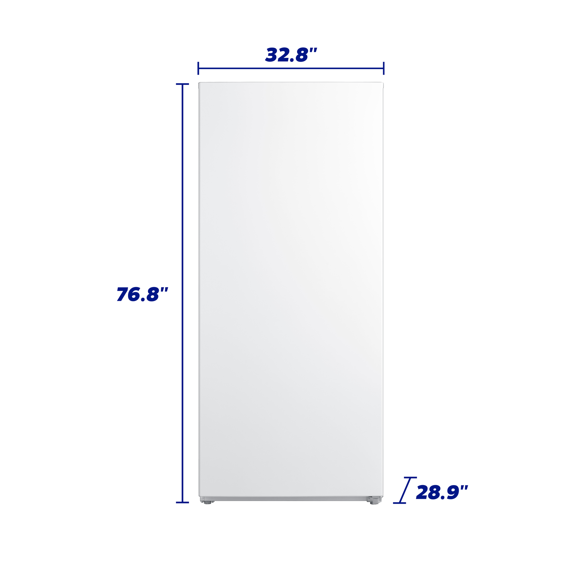 Tall white upright freezer with smooth front door and blue dimension markings in Freezers & Ice Makers and Appliances collections
